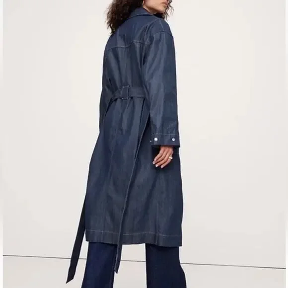 Banana Republic Dark Denim Long Trench Coat Dark Rinse Modern Classic NWT Sz S - Picture 2 of 11